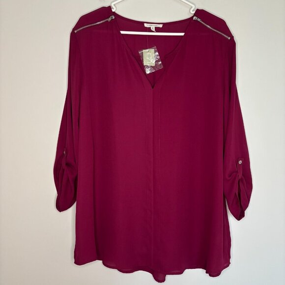 MAURICE'S NEW Women V-Neck Blouse XXL Burgundy Zipper Flowy Roll Tab Sleeve - Picture 4 of 7
